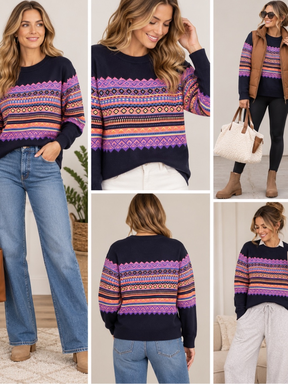 GAP Navy Crewneck Sweater with Pink & Orange Fair Isle Stripes